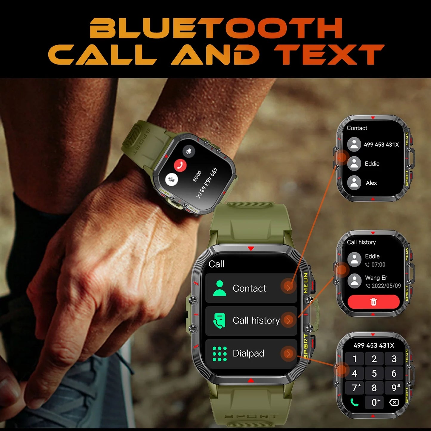 Sports Smart Watch for Men Women Outdoor Fitness Tracker with 100+ Sport Modes Bluetooth Call 1.96" Full Touch Smartwatches Waterproof for Android Iphone (Green)