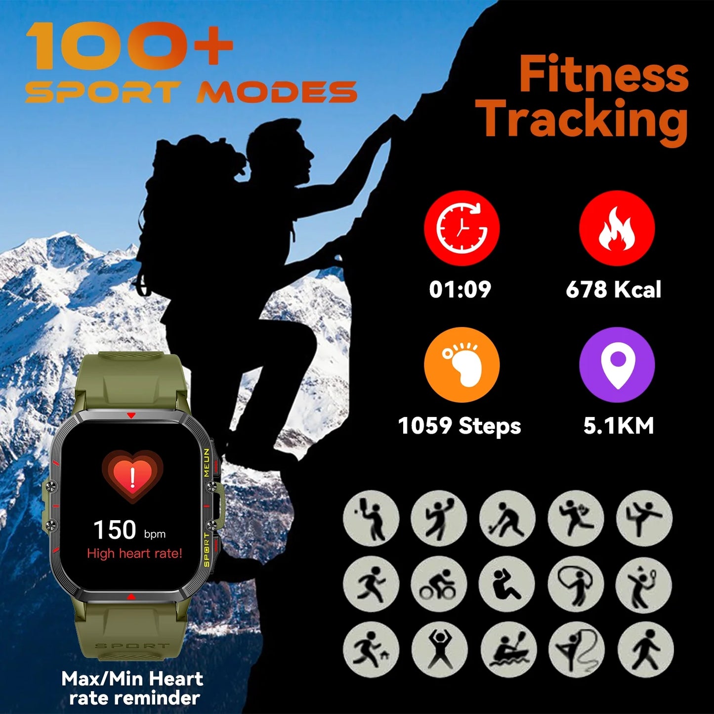 Sports Smart Watch for Men Women Outdoor Fitness Tracker with 100+ Sport Modes Bluetooth Call 1.96" Full Touch Smartwatches Waterproof for Android Iphone (Green)