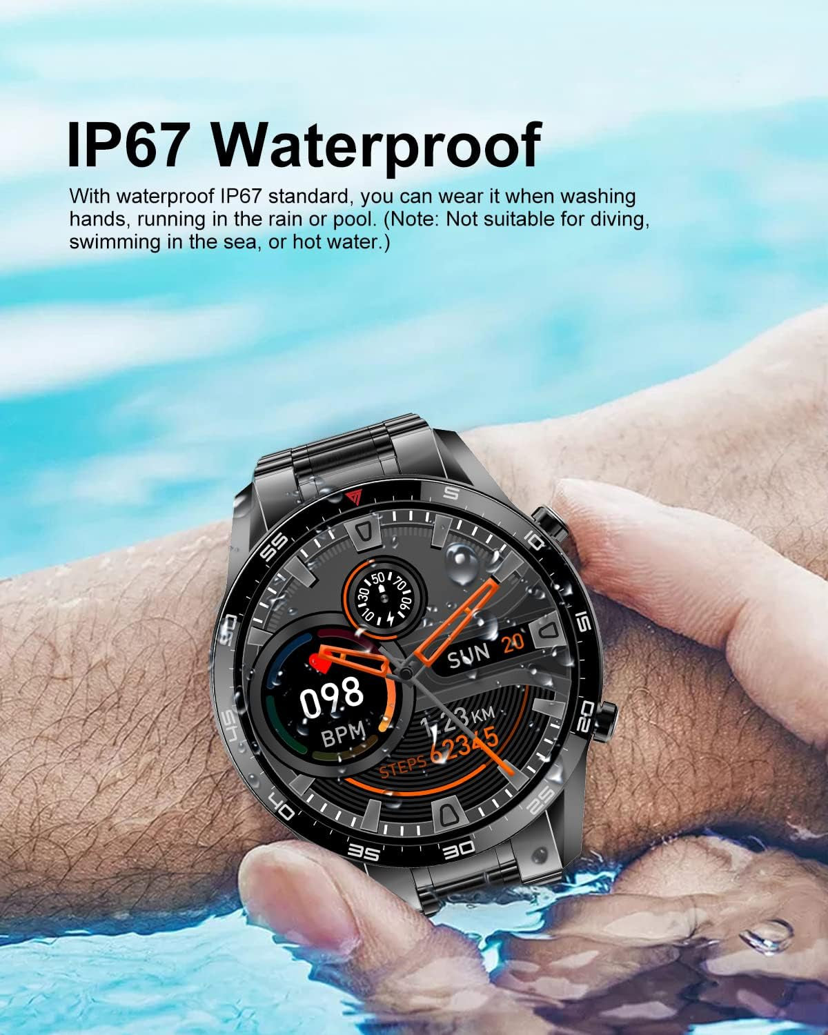 Smartwatch for Men, Fitness Tracker Bluetooth Calls Voice Chat Stainless Steel with Heart Rate Sleep Monitor, 1.3" Full Touch Screen IP67 Waterproof Activity Trackers for Android Ios, Black