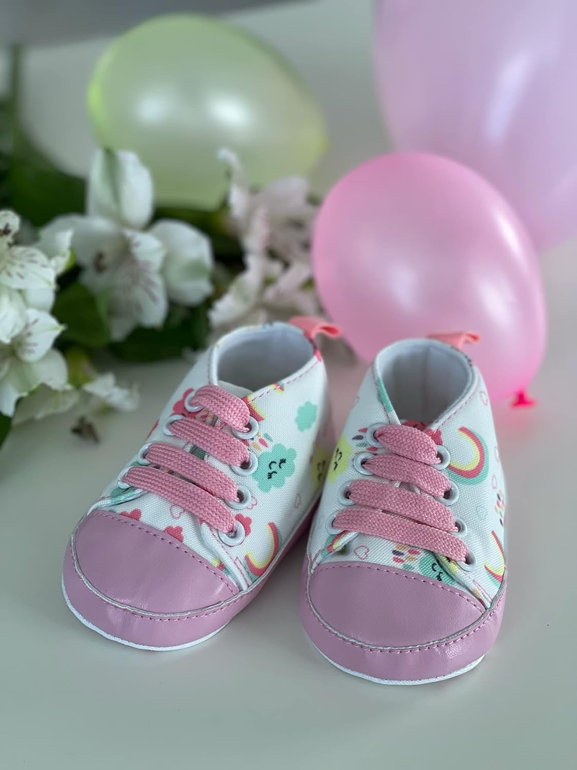 Unisex Infant Sneakers Soft, No Tie, Anti-Slip Sole High-Top Sneaker, First Walkers Canvas Stylish Newborn Shoes for Girls & Boys (Pink Rainbow, 6_Months), 6-12 Months Infant