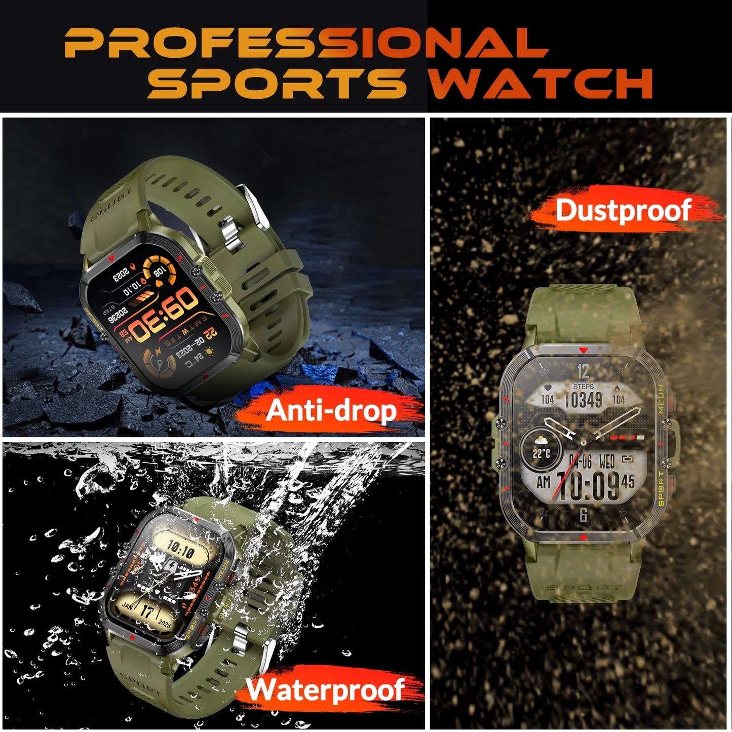 Sports Smart Watch for Men Women Outdoor Fitness Tracker with 100+ Sport Modes Bluetooth Call 1.96" Full Touch Smartwatches Waterproof for Android Iphone (Green)