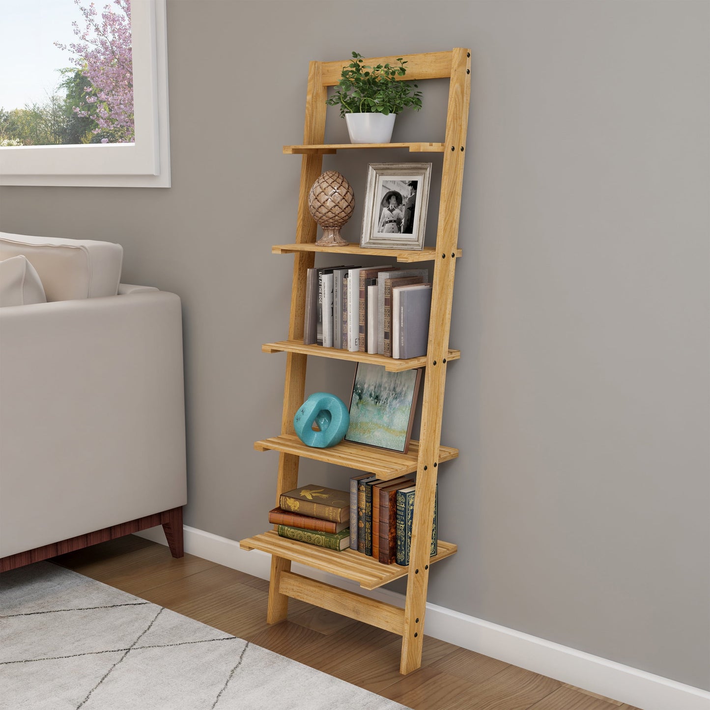 L5-Tier Ladder Shelf – Leaning Book Case – Bookshelf for Bedroom, Living Room, or Kitchen Shelving – Home Décor by (Oak)