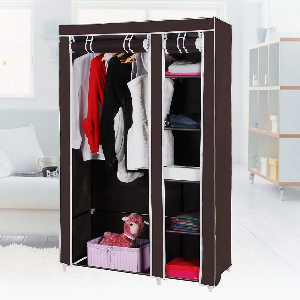 Portable Clothes Closet, Wardrobe Double Rod Storage Organizer, Brown