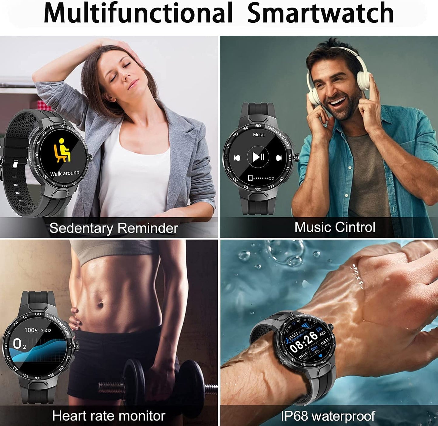 Smart Watch Fitness Tracker for Men Women Touch Screen Smartwatch with GPS Tracking Heart Rate Monitor Sleep Tracker IP68 Waterproof Pedometer Activity Tracker Fitness Watch for Android Ios Black