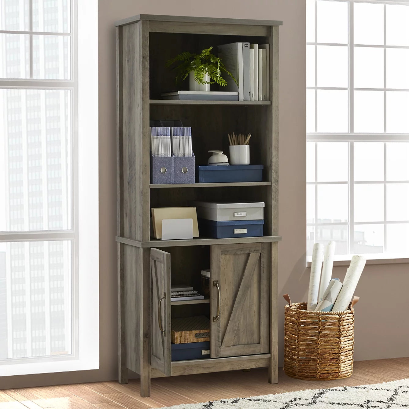 Modern Farmhouse 5 Shelf Library Bookcase with Doors, Rustic Gray Finish