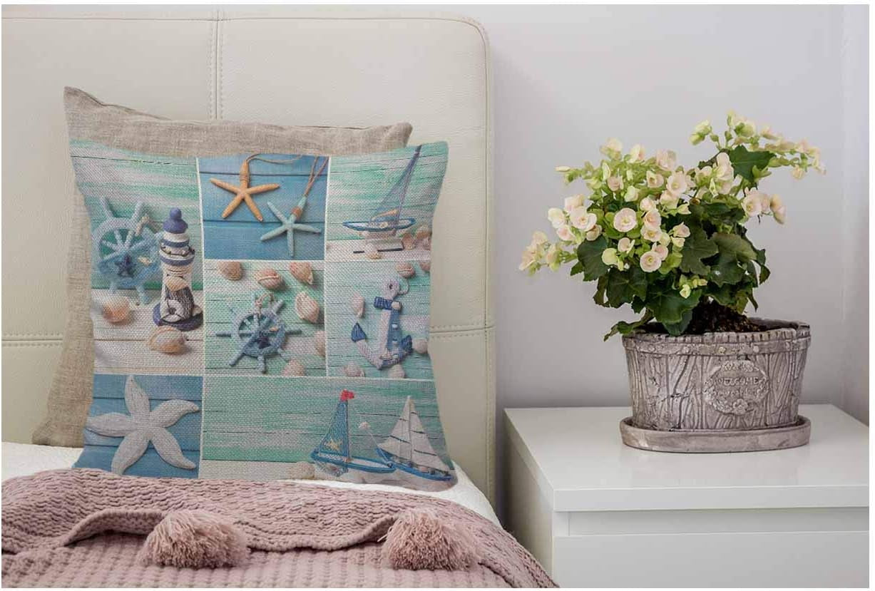 Ocean Starfish Shell Throw Pillow Cover Decorative Lighthouse Sailing Boats and Marine Items on Wooden Background Square Pillow Case Cushion Cover for Home Car Decorative Cotton Linen 18X18 In