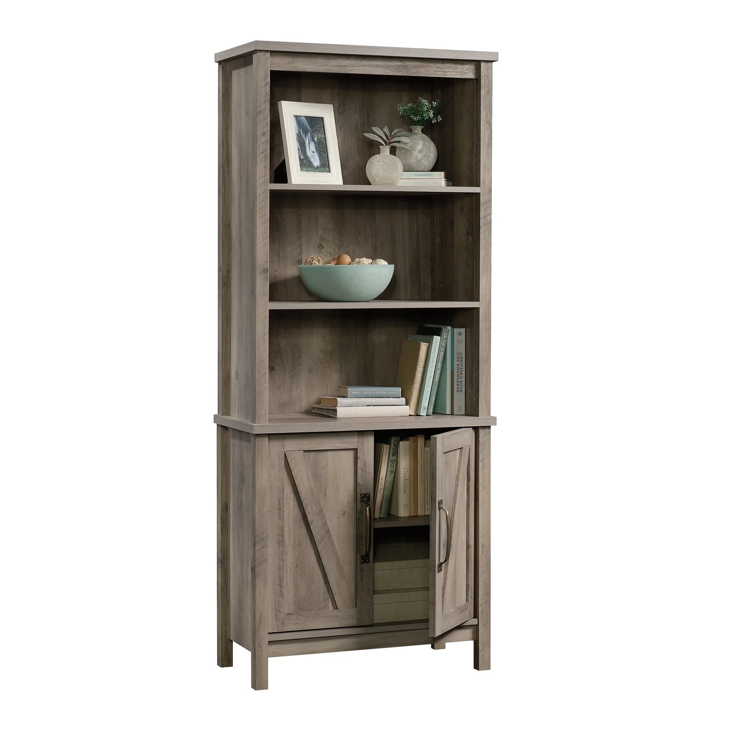 Modern Farmhouse 5 Shelf Library Bookcase with Doors, Rustic Gray Finish