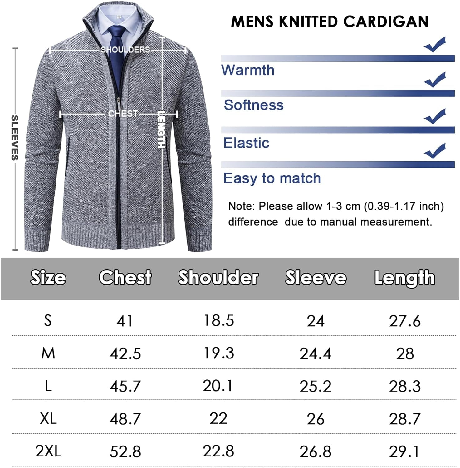 Men'S Sweaters Full Zip Slim Thick Knitted Cardigan Sweaters Jacket with Pockets