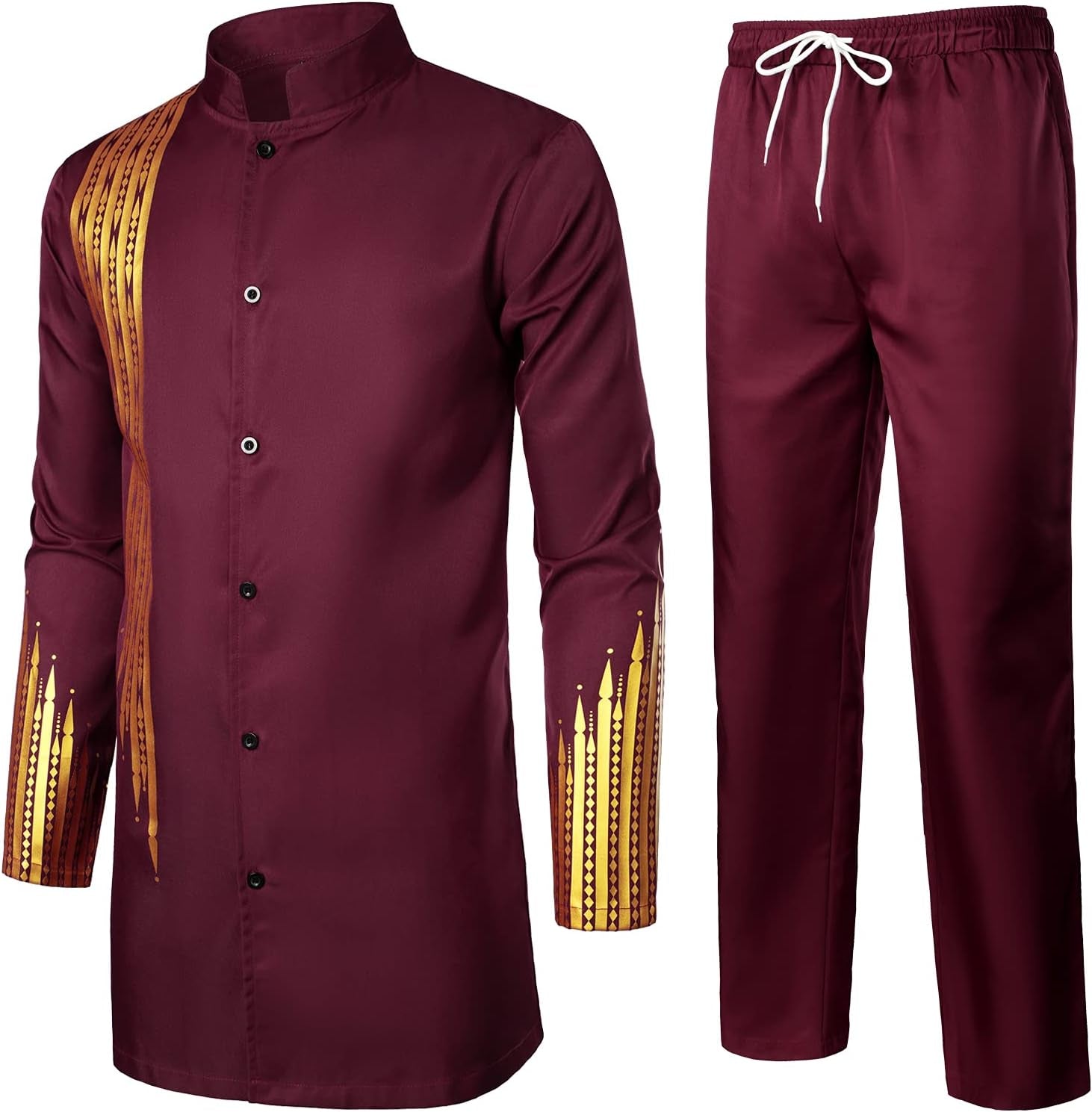 Men'S 2 Piece Outfit Long Sleeve Button up Shirt and Pants Traditional Ethnic Suit