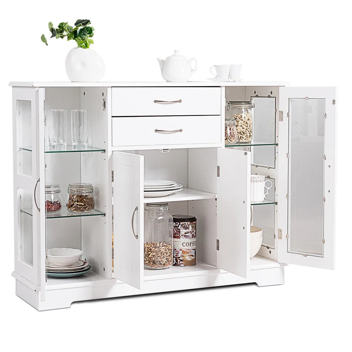 Buffet Storage Cabinet Console Cupboard W/Glass Door Drawers Kitchen Dining Room