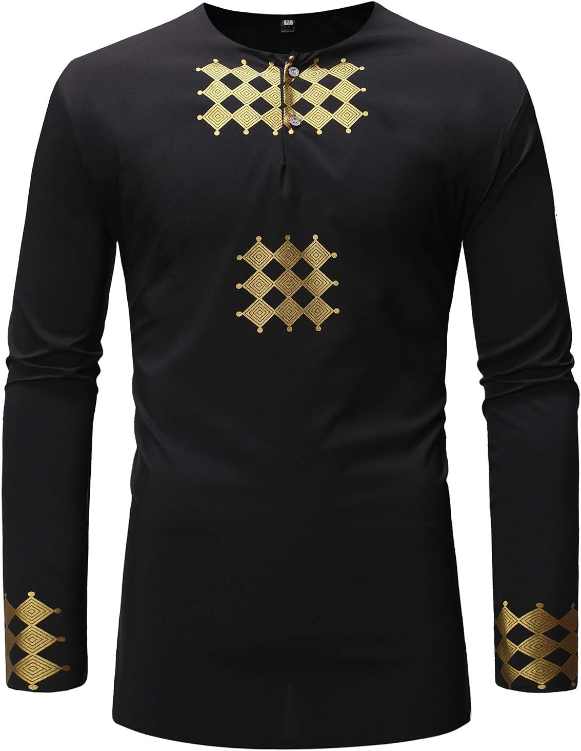 Men'S African Traditional Long Sleeve Shirt Luxury Metallic Gold Printed Dashiki Black Xx-Large