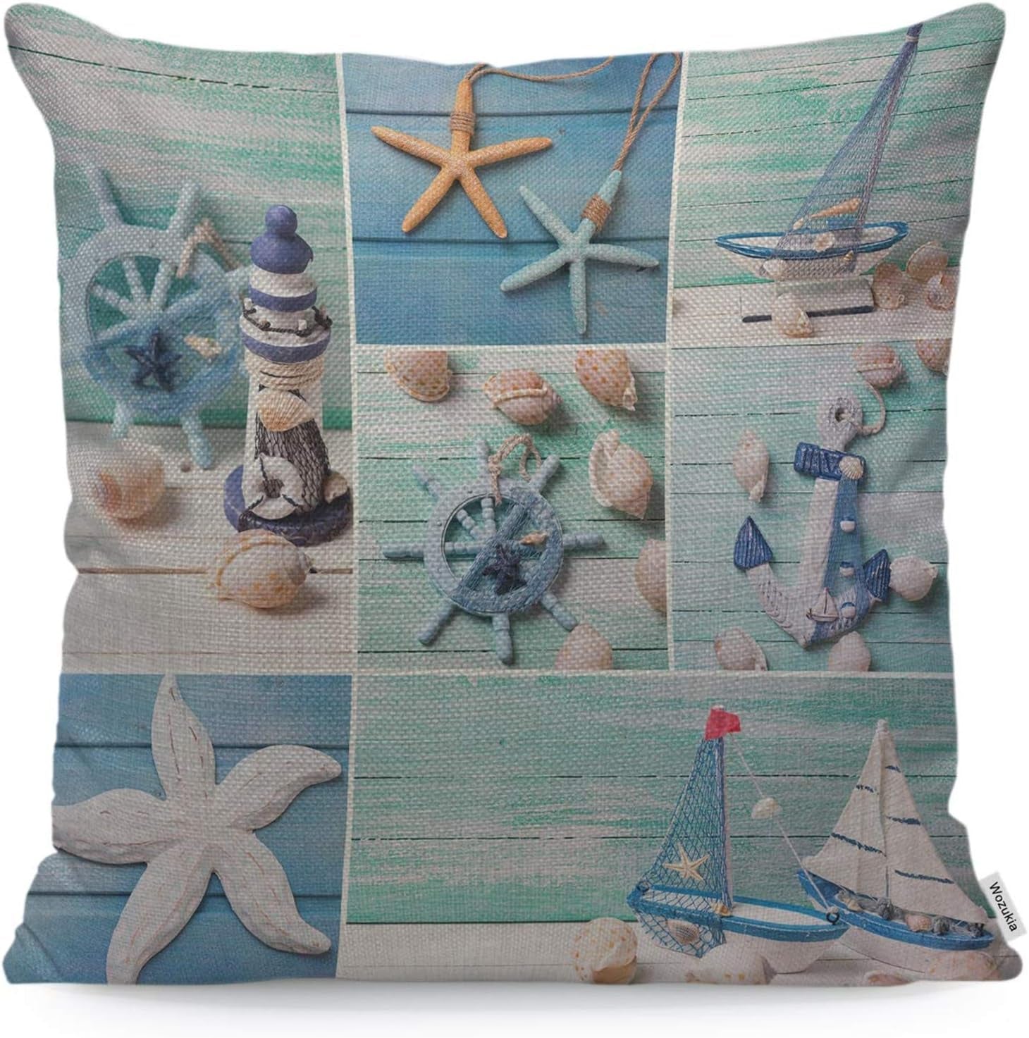 Ocean Starfish Shell Throw Pillow Cover Decorative Lighthouse Sailing Boats and Marine Items on Wooden Background Square Pillow Case Cushion Cover for Home Car Decorative Cotton Linen 18X18 In