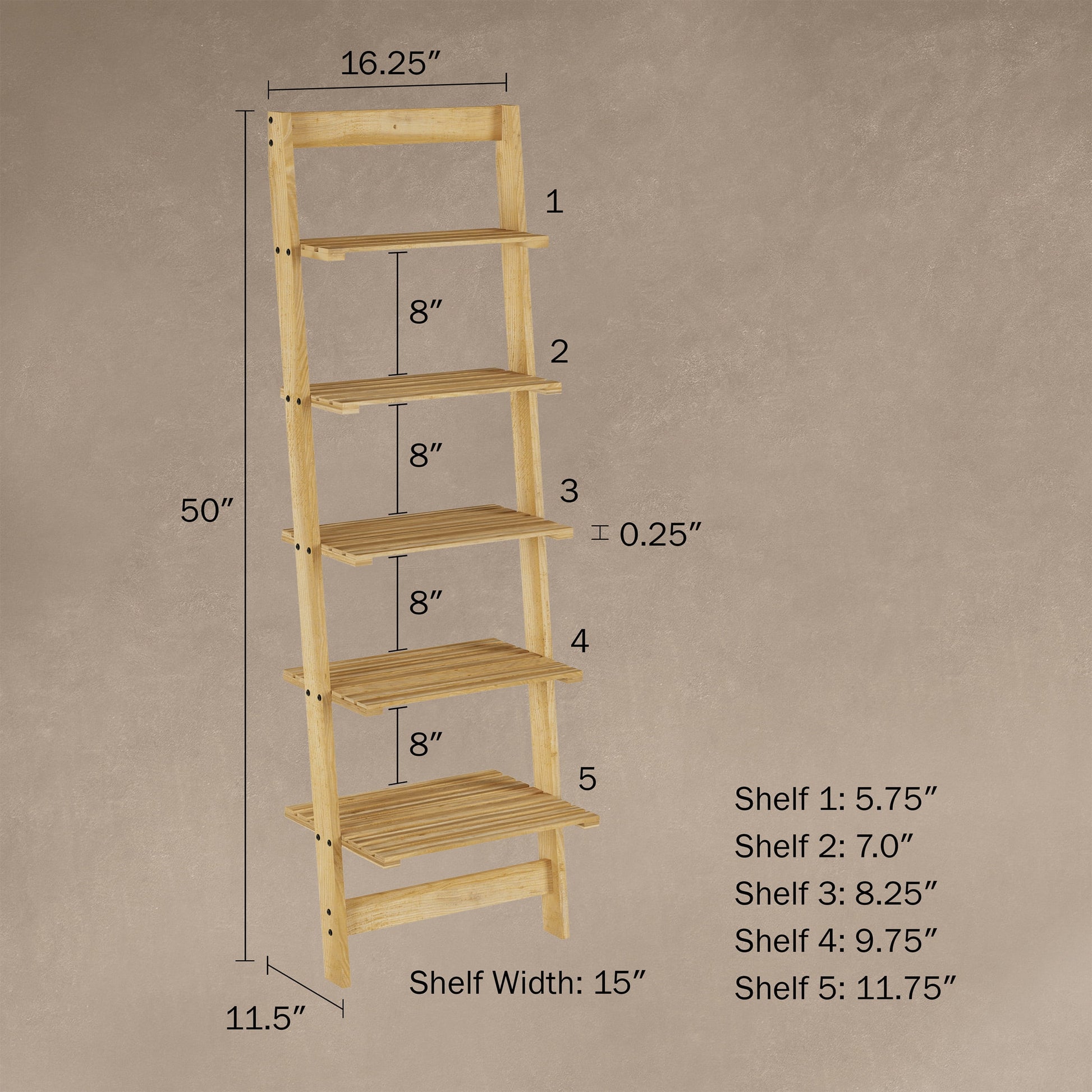 L5-Tier Ladder Shelf – Leaning Book Case – Bookshelf for Bedroom, Living Room, or Kitchen Shelving – Home Décor by  (Oak)