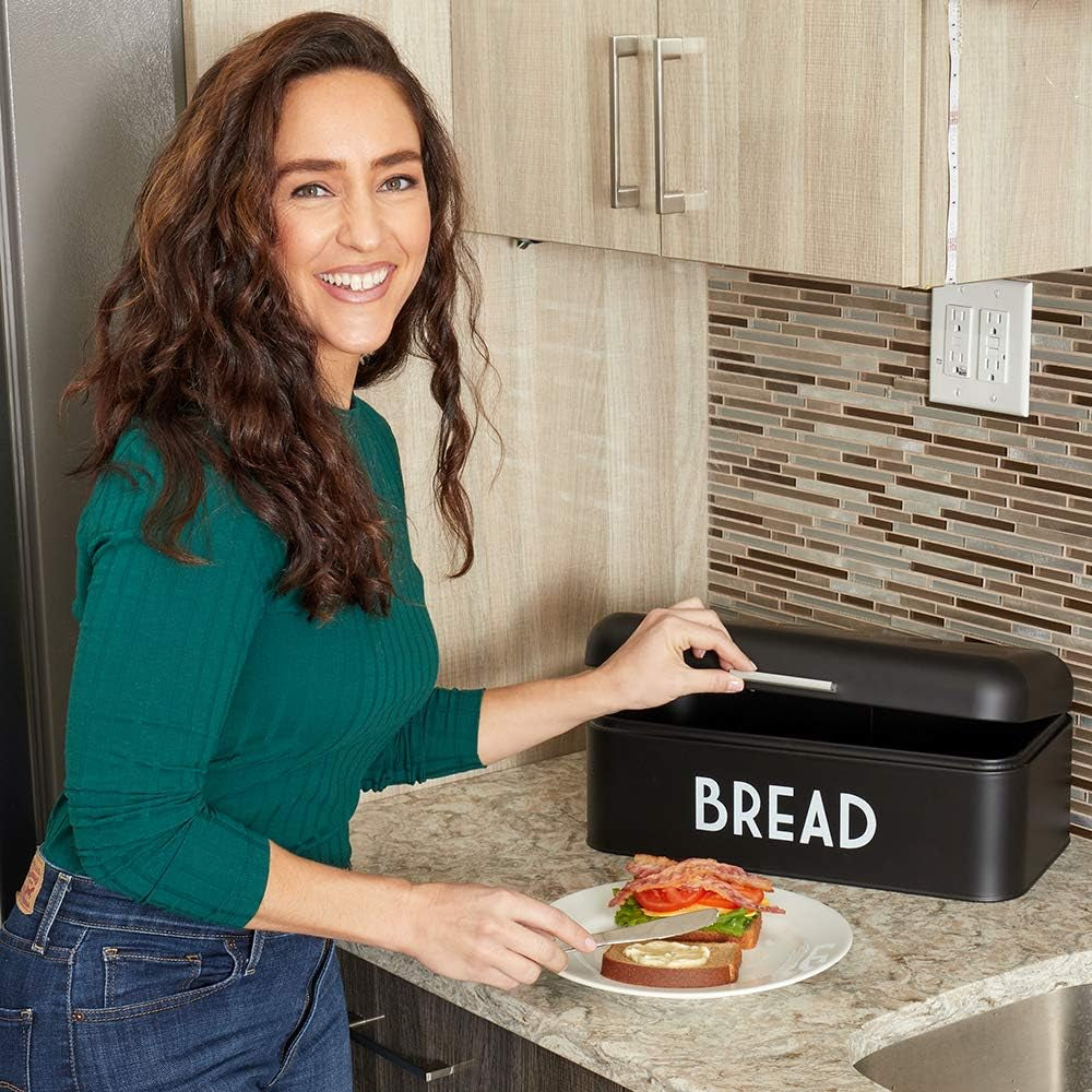 Bread Box for Kitchen Countertop, Metal, (Black), Vented with Hinge Top | Large Bread Box | Keeps Loaves, Bagels, Croissants Fresh