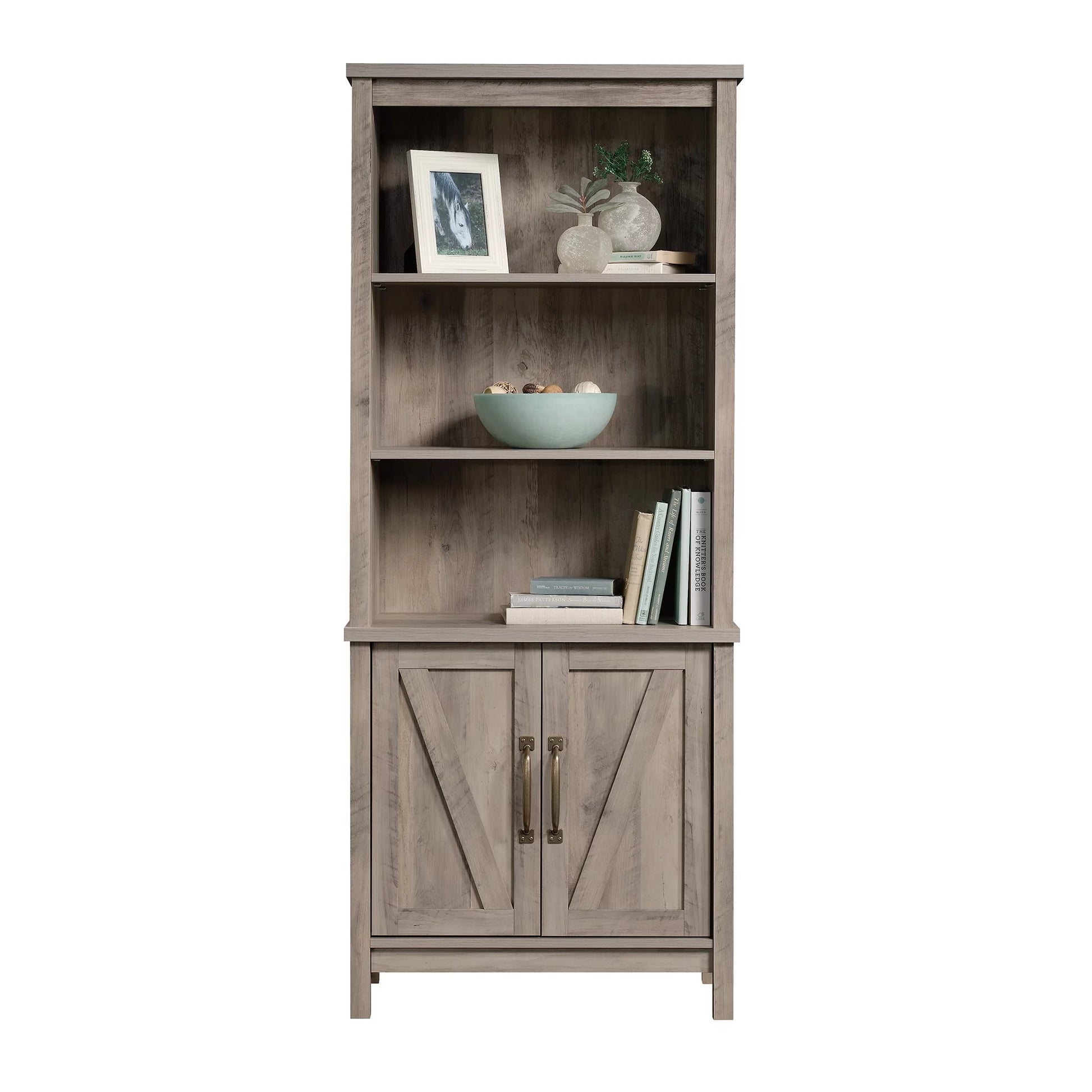 Modern Farmhouse 5 Shelf Library Bookcase with Doors, Rustic Gray Finish