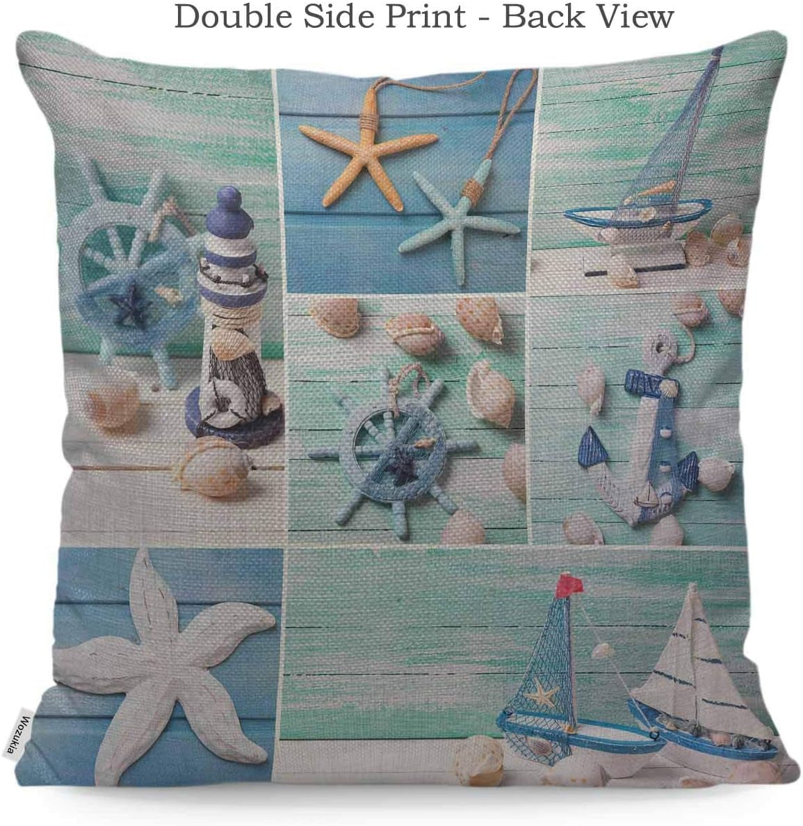 Ocean Starfish Shell Throw Pillow Cover Decorative Lighthouse Sailing Boats and Marine Items on Wooden Background Square Pillow Case Cushion Cover for Home Car Decorative Cotton Linen 18X18 In