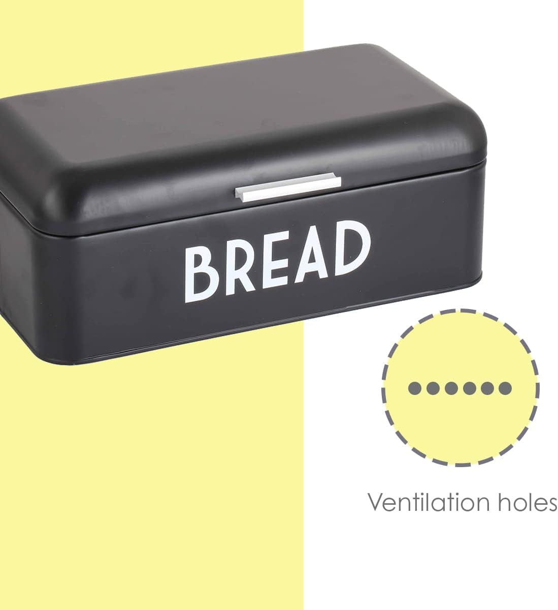 Bread Box for Kitchen Countertop, Metal, (Black), Vented with Hinge Top | Large Bread Box | Keeps Loaves, Bagels, Croissants Fresh