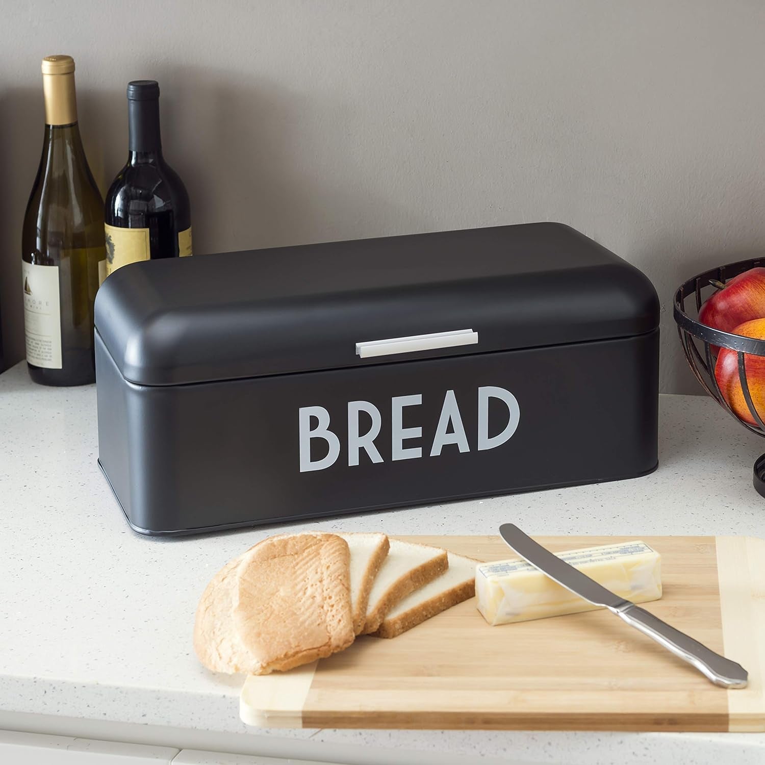 Bread Box for Kitchen Countertop, Metal, (Black), Vented with Hinge Top | Large Bread Box | Keeps Loaves, Bagels, Croissants Fresh