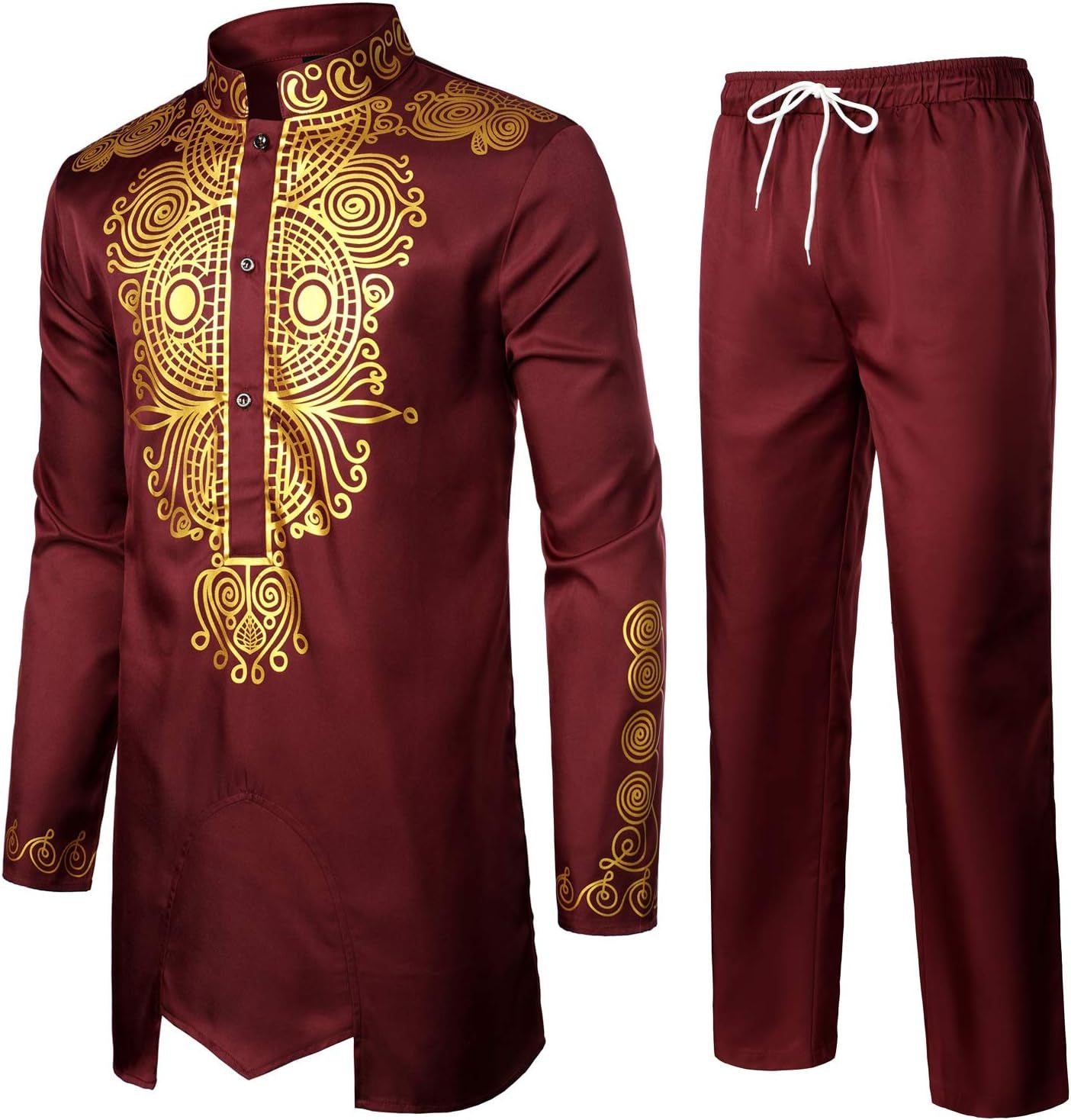 Men'S African 2 Piece Set Long Sleeve Gold Print Dashiki and Pants Outfit Traditional Suit