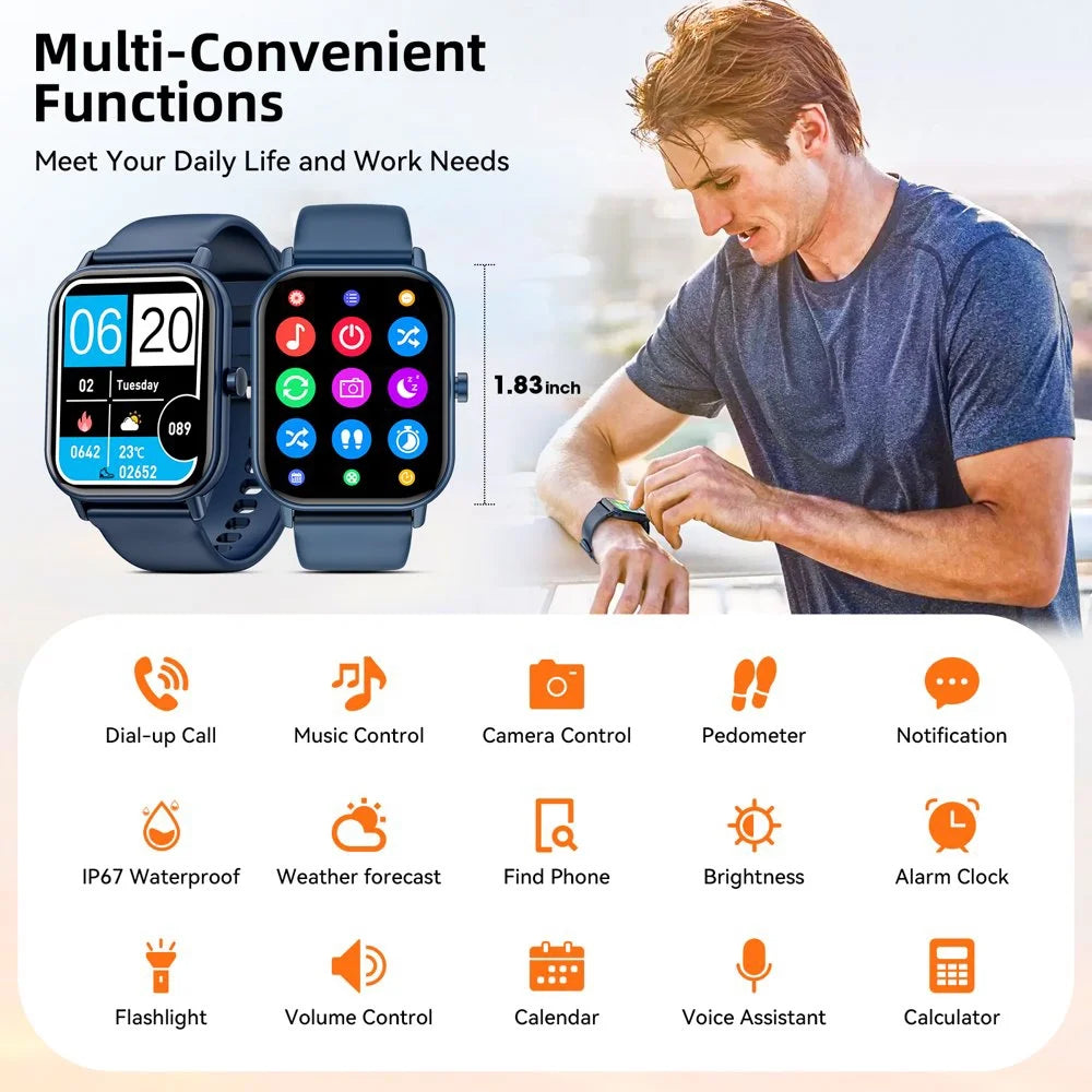 1.85-Inch Men'S and Women'S Smartwatch with Fitness Tracking, Answer/Dial/100 Sport Modes, IP67 Water Resistant Sports Pedometer Fitness Watch for Android and Iphone Devices (Blue)