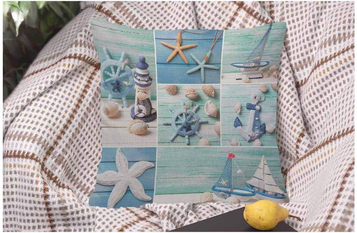 Ocean Starfish Shell Throw Pillow Cover Decorative Lighthouse Sailing Boats and Marine Items on Wooden Background Square Pillow Case Cushion Cover for Home Car Decorative Cotton Linen 18X18 In