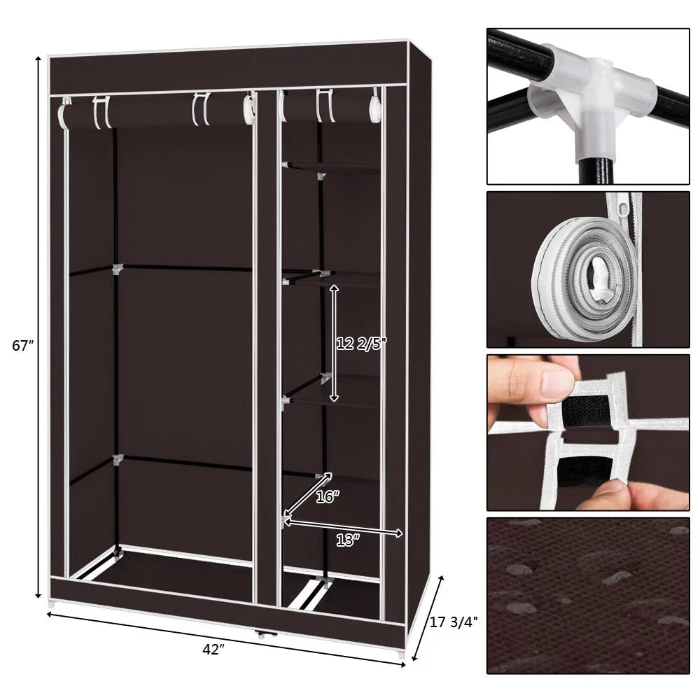 Portable Clothes Closet, Wardrobe Double Rod Storage Organizer, Brown