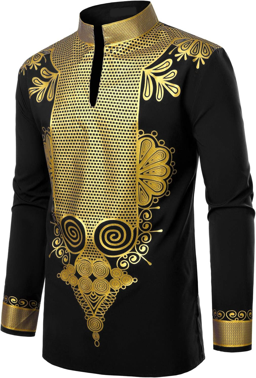 Men'S African Dashiki Luxury Metallic Gold Printed Mandarin Collar Shirt