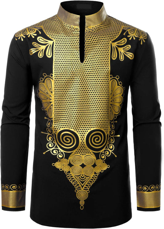 Men'S African Dashiki Luxury Metallic Gold Printed Mandarin Collar Shirt