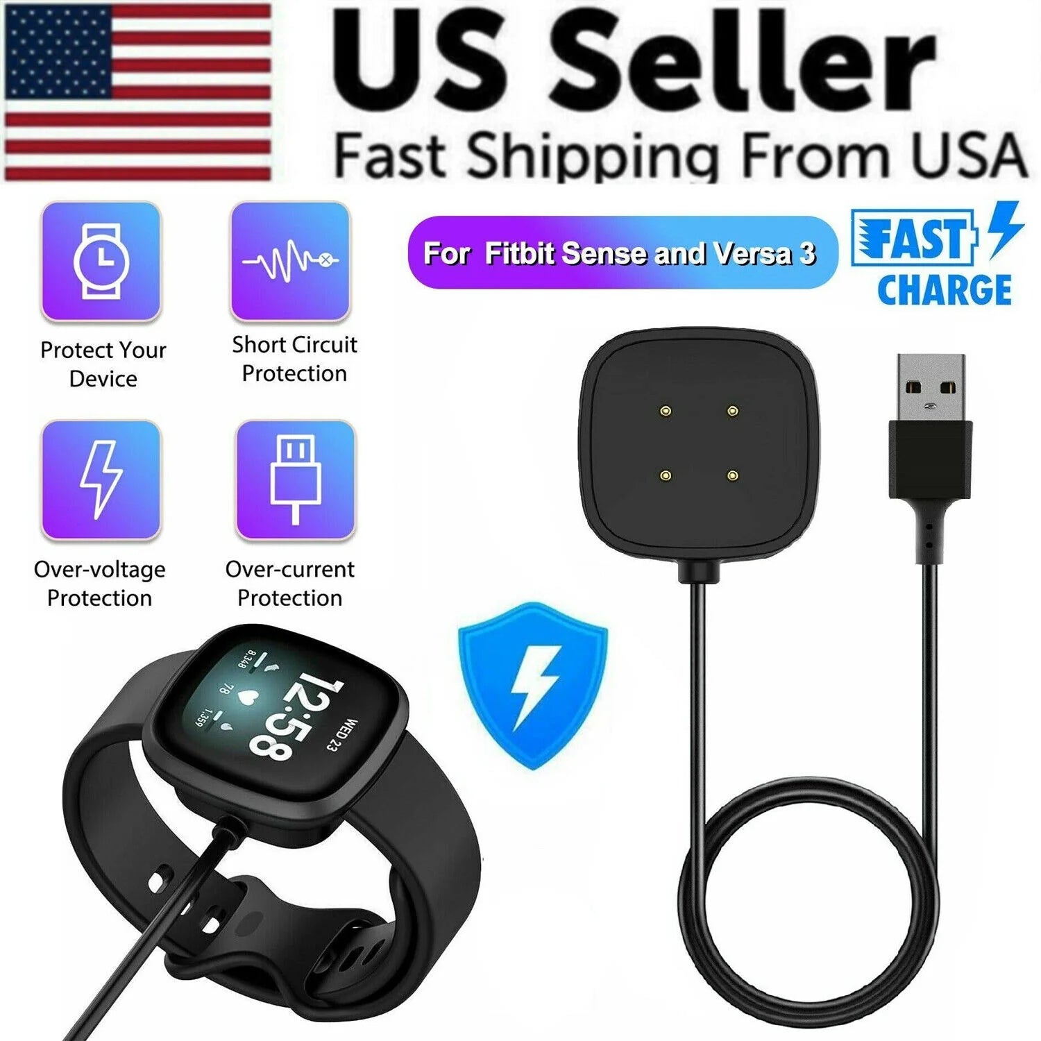 Fast Charging Wireless Charger Dock Cable for Fitbit Sense, Versa 3, and Versa 4 Watch