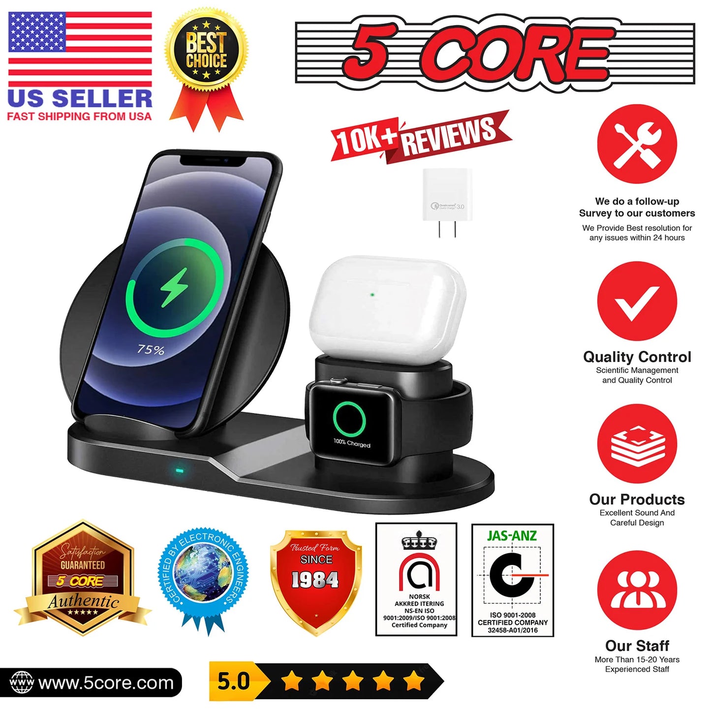 5Core Fast 3 in 1 Wireless Charging Station 10W Phone Watch Earpod Charger