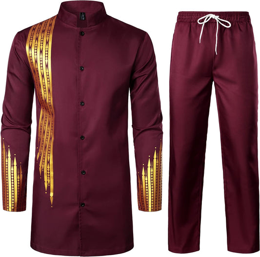 Men'S 2 Piece Outfit Long Sleeve Button up Shirt and Pants Traditional Ethnic Suit