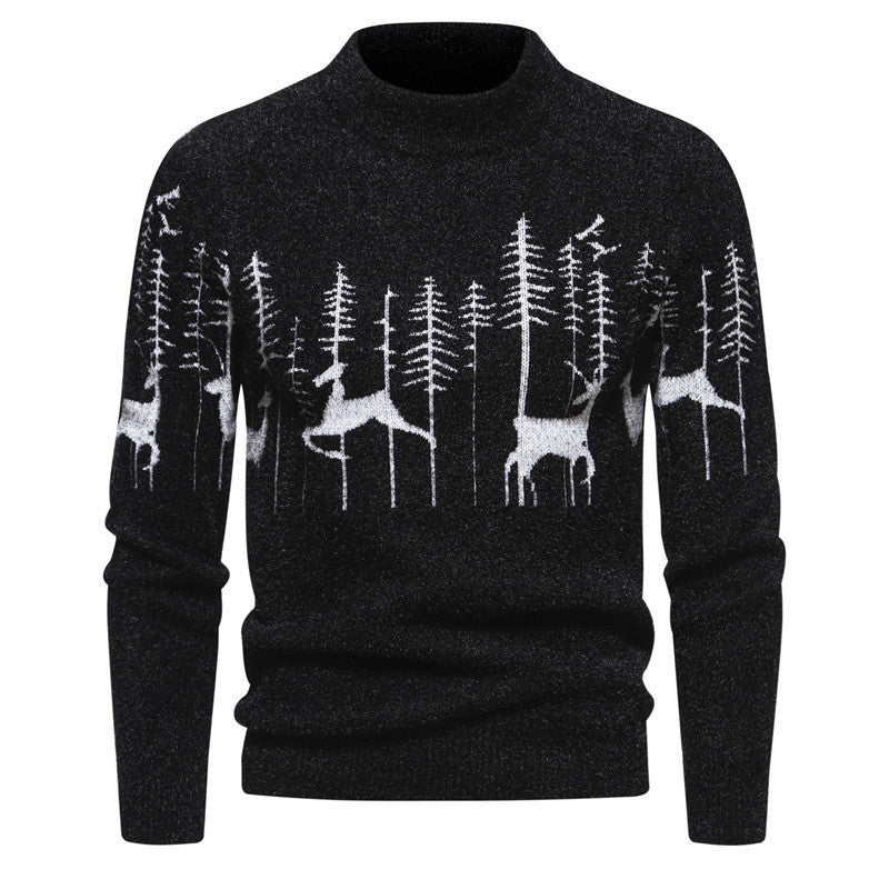 Fall Winter Men Sweater Slim Bottoming Shirt Trendy Round Neck Pullover Christmas Deer Printed Sweater