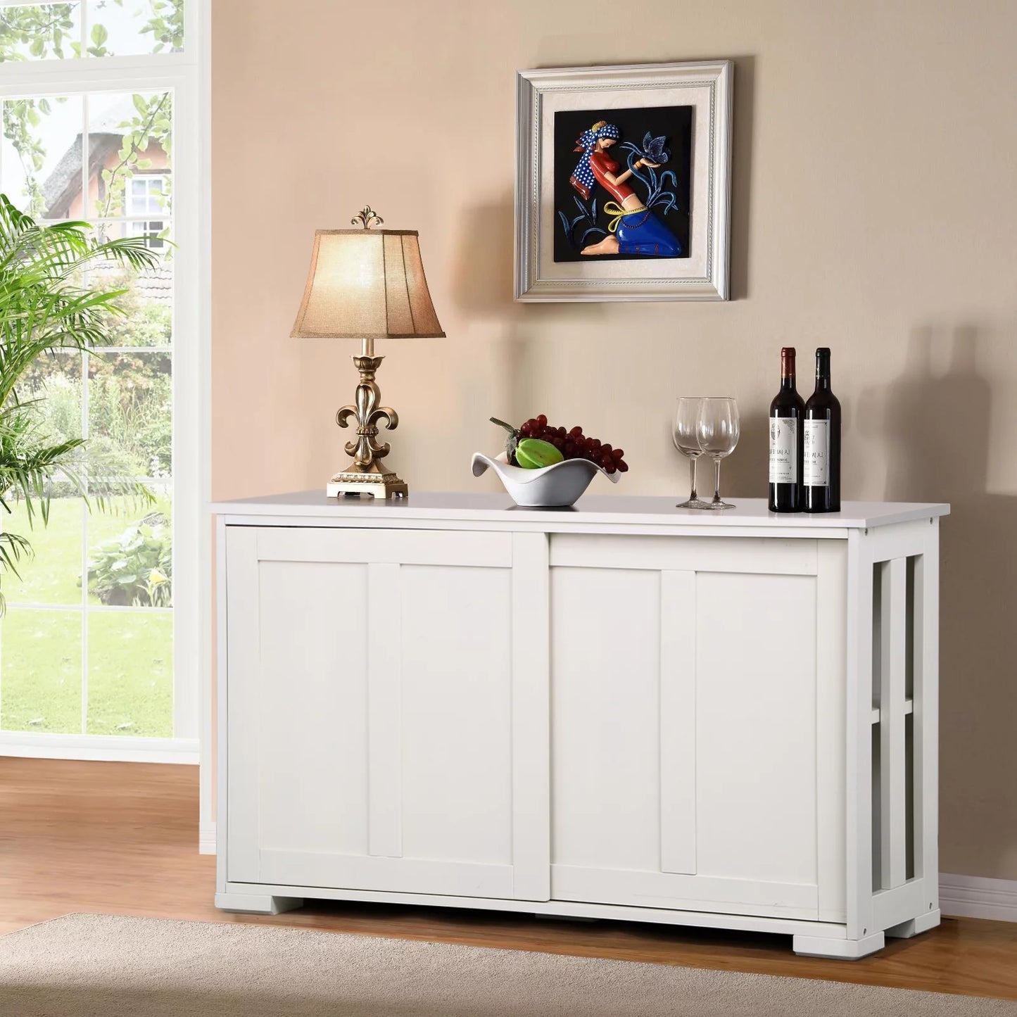 Antique White Buffet Cabinet Kitchen Table Sliding Door Stackable Sideboard Storage