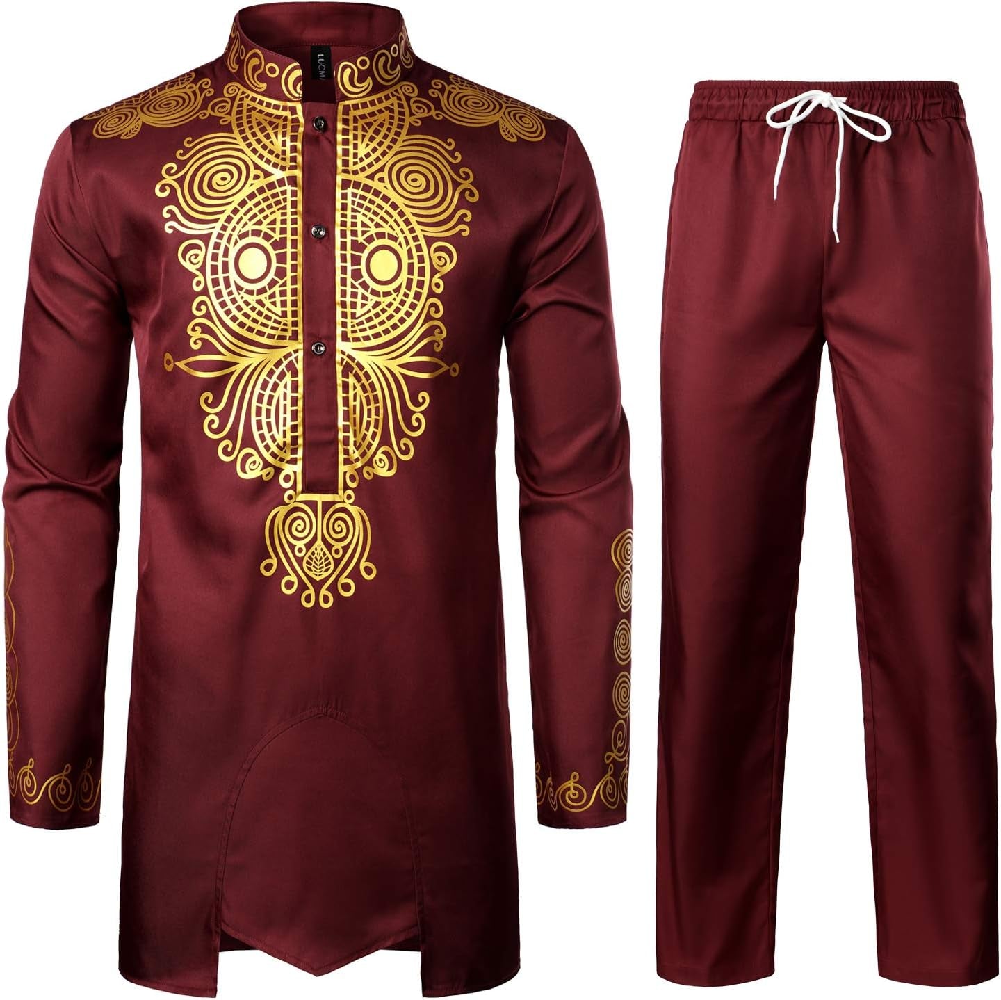 Men'S African 2 Piece Set Long Sleeve Gold Print Dashiki and Pants Outfit Traditional Suit