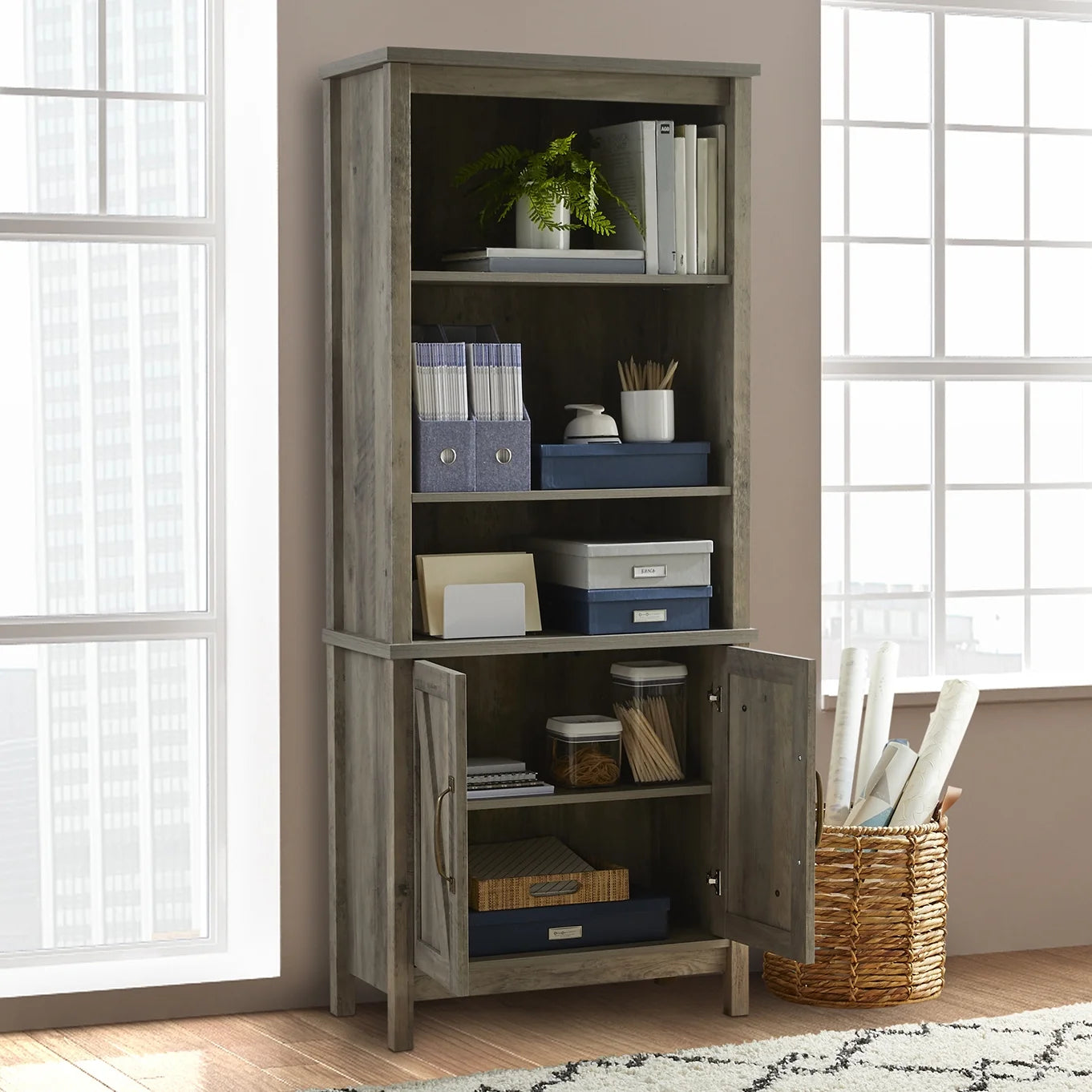 Modern Farmhouse 5 Shelf Library Bookcase with Doors, Rustic Gray Finish