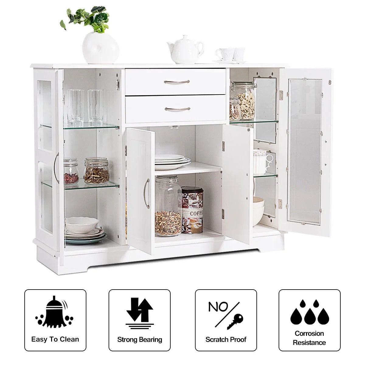 Buffet Storage Cabinet Console Cupboard W/Glass Door Drawers Kitchen Dining Room