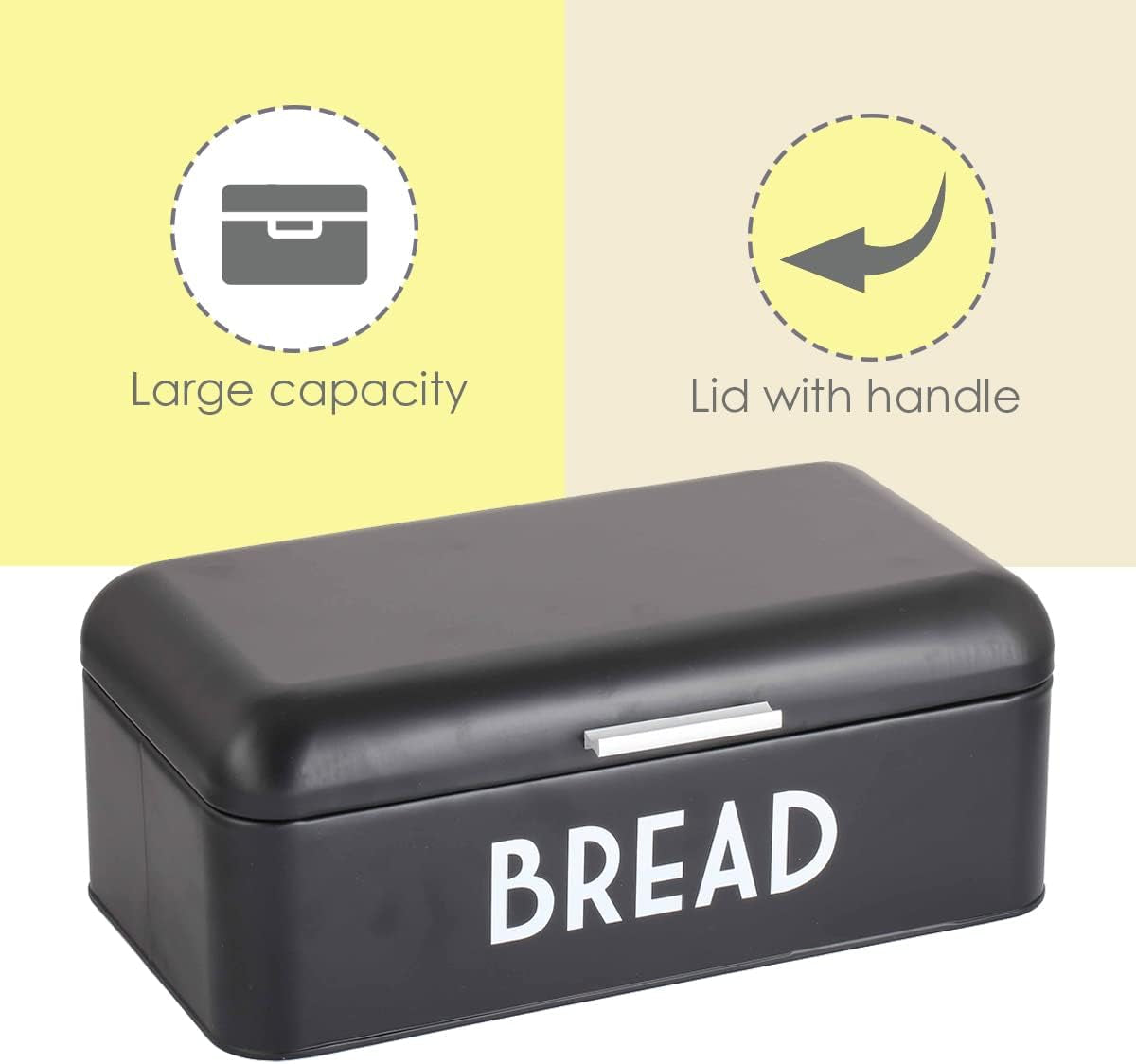 Bread Box for Kitchen Countertop, Metal, (Black), Vented with Hinge Top | Large Bread Box | Keeps Loaves, Bagels, Croissants Fresh